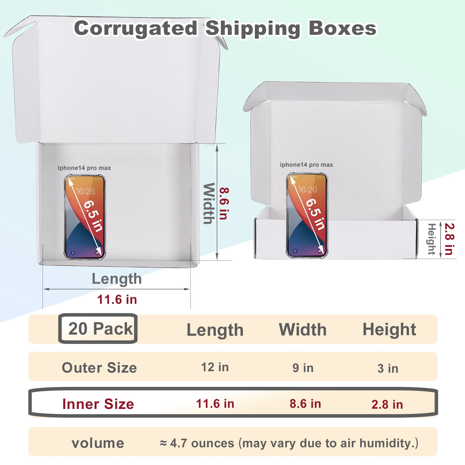 MEBRUDY 12x9x3 Shipping Boxes Set of 20, White Corrugated Cardboard Box for Packing, Mailing, Business