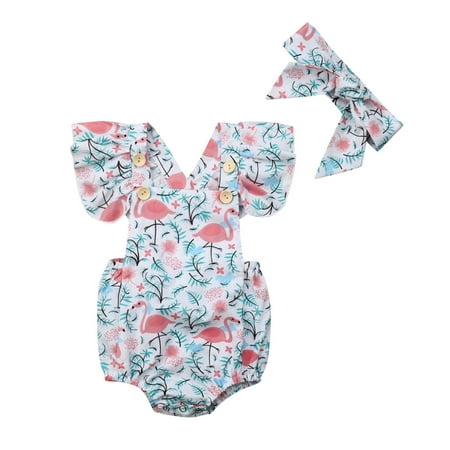

Infant Girl Bodysuit Summer Flamingo Print Bodysuit Headband Baby Girl Clothes Newborn Clothing Toddler Baby Clothes 0-24M