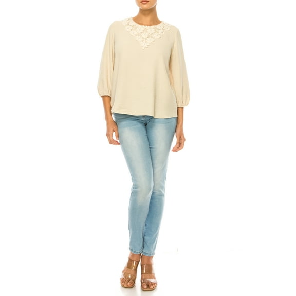 Women's Solid 3/4 Sleeve Blouse with Puff Sleeves and Lace and Pearl Accent