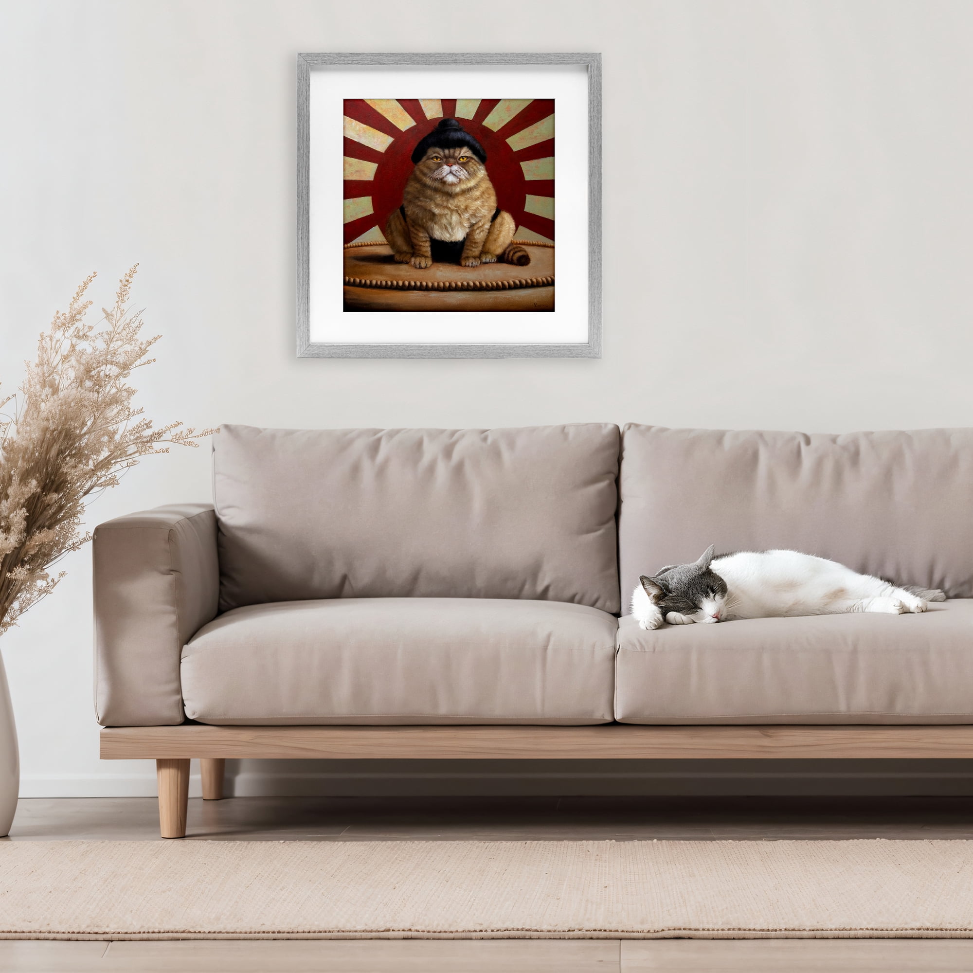 Stupell Industries Sumo Cat with Sun Rays Gray Framed Print Under Glass, design by Lucia Heffernan
