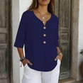 thumbnail image 6 of Women's Cotton Linen Tops Casual 3/4 Sleeve Button Down V Neck Blouses Lightweight Breathable Loose Fit Summer Vacation Shirts for Women Blue L, 6 of 9