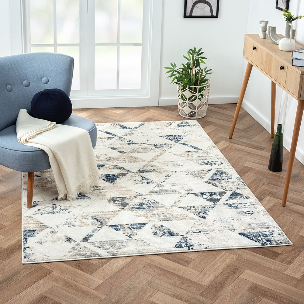 Ox Bay Bellamy 7'9" x 9'9" Ivory/Blue Geometric Durable Performance Indoor Area Rug