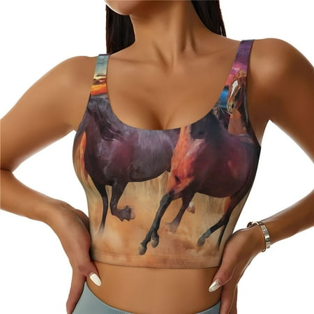 Picia a herd of horses Pattern Sports Bra for Women Padded Strappy Sports Bras Medium Support Yoga Bra with Removable Cups Running Yoga Bra-XX-Large
