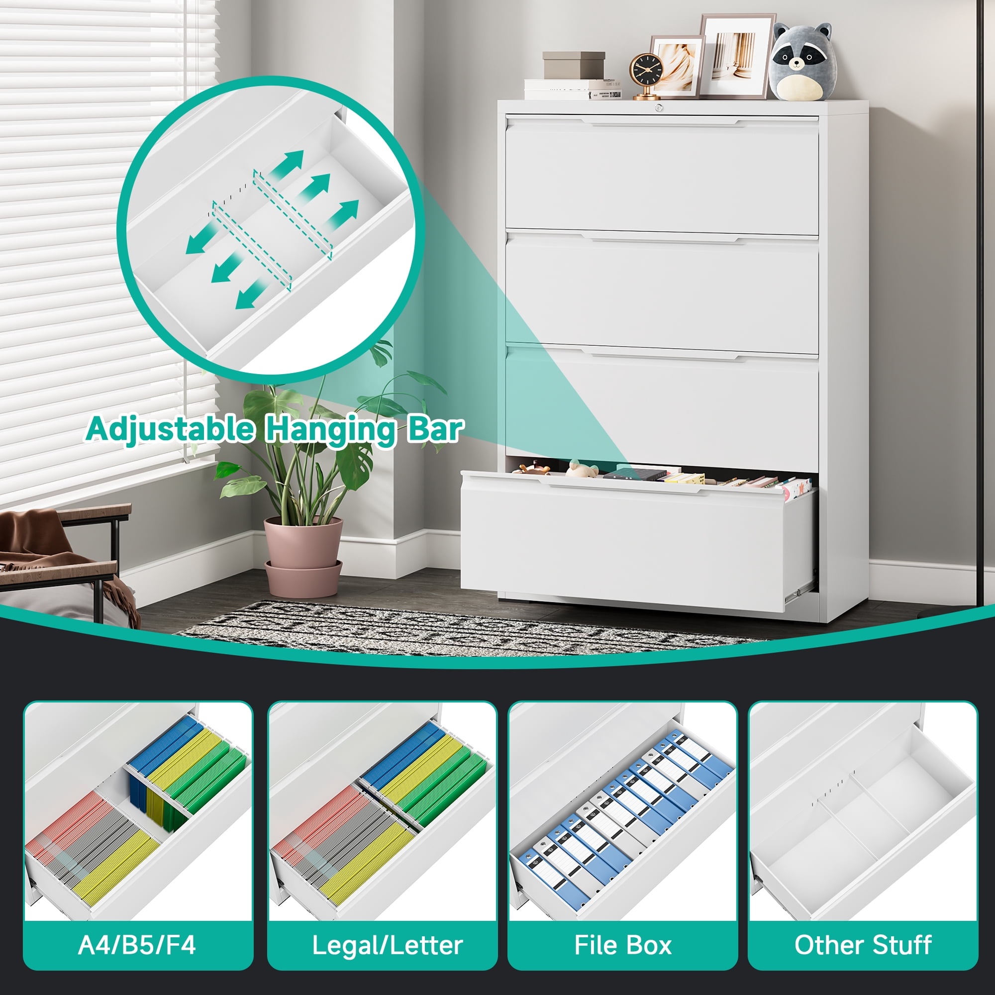 4 Drawer Lateral File Cabinet, Metal Lateral File Cabinet with Lock, Office Lateral Filing Storage Cabinet for Hanging Files Letter/Legal/F4/A4 Size, Easy Assemble White