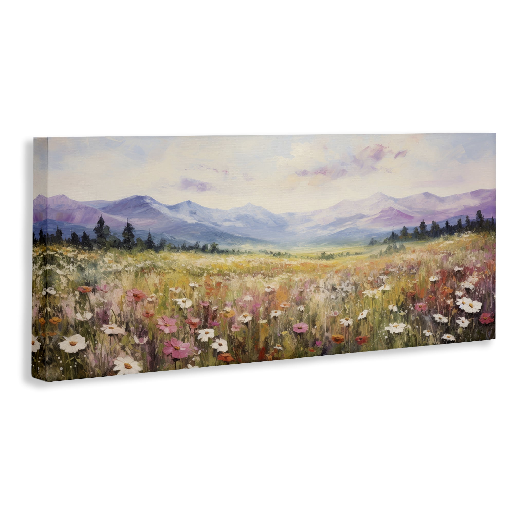 Stupell Industries Mountainous Daisy Meadow Landscape Painting Gallery Wrapped Canvas Art Print Wall Art, 30 x 13