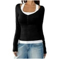 thumbnail image 6 of Lenpel Women's Long Sleeve T-Shirts Square Neck Quarter Button Color Block 2 in 1 Slim Tee Tops Soft Casual Blouses(Black,X-Large), 6 of 6