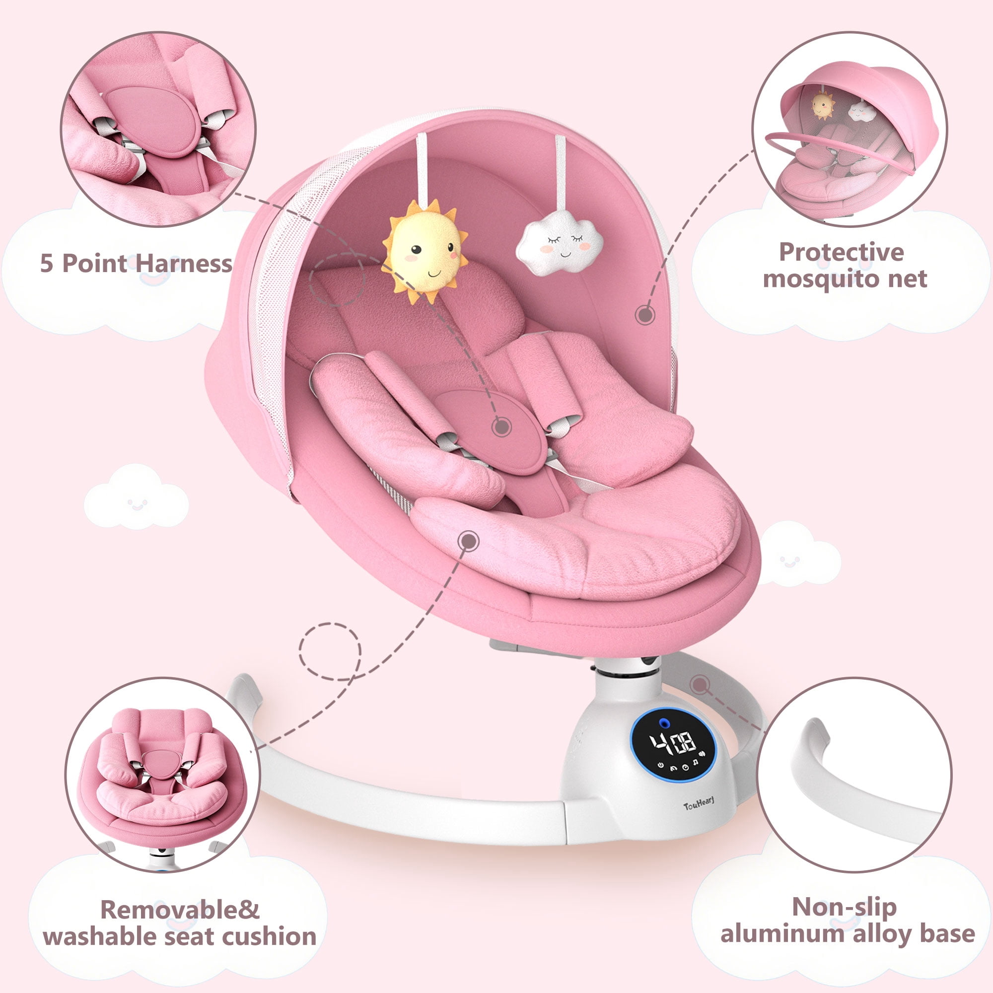 TouHeart Baby Swing, Electric Infant Rocker with Bluetooth & Remote, 5 Speeds, 10 Lullabies, Pink