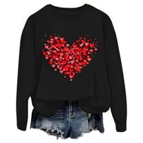 Womens Cute Love Heart Print Sweaters Round Neck Loose Fie Valentine Long Sleeve Pullover Tops
