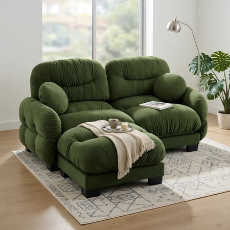 Hommoo Chenille 2-Seat L-Shaped Modular Sectional Sofa with Ottoman Ergonomic High-Density Foam Pleated Back Design & 2 Round Throw Pillows Green