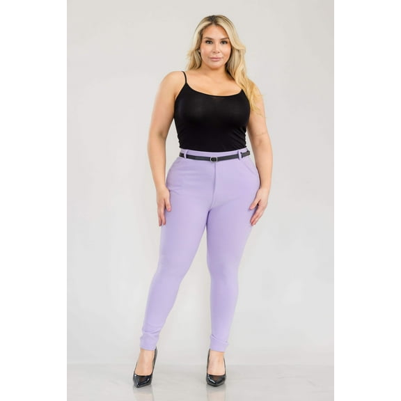 Plus Size Sculpting Treggings With Faux Leather Belt - Purple Rose