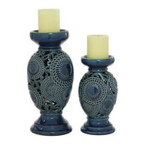 DecMode Eclectic Ceramic Pillar Candle Holder with Medallion Patterns and Glossy Blue Finish, Set of 2 13", 10" H