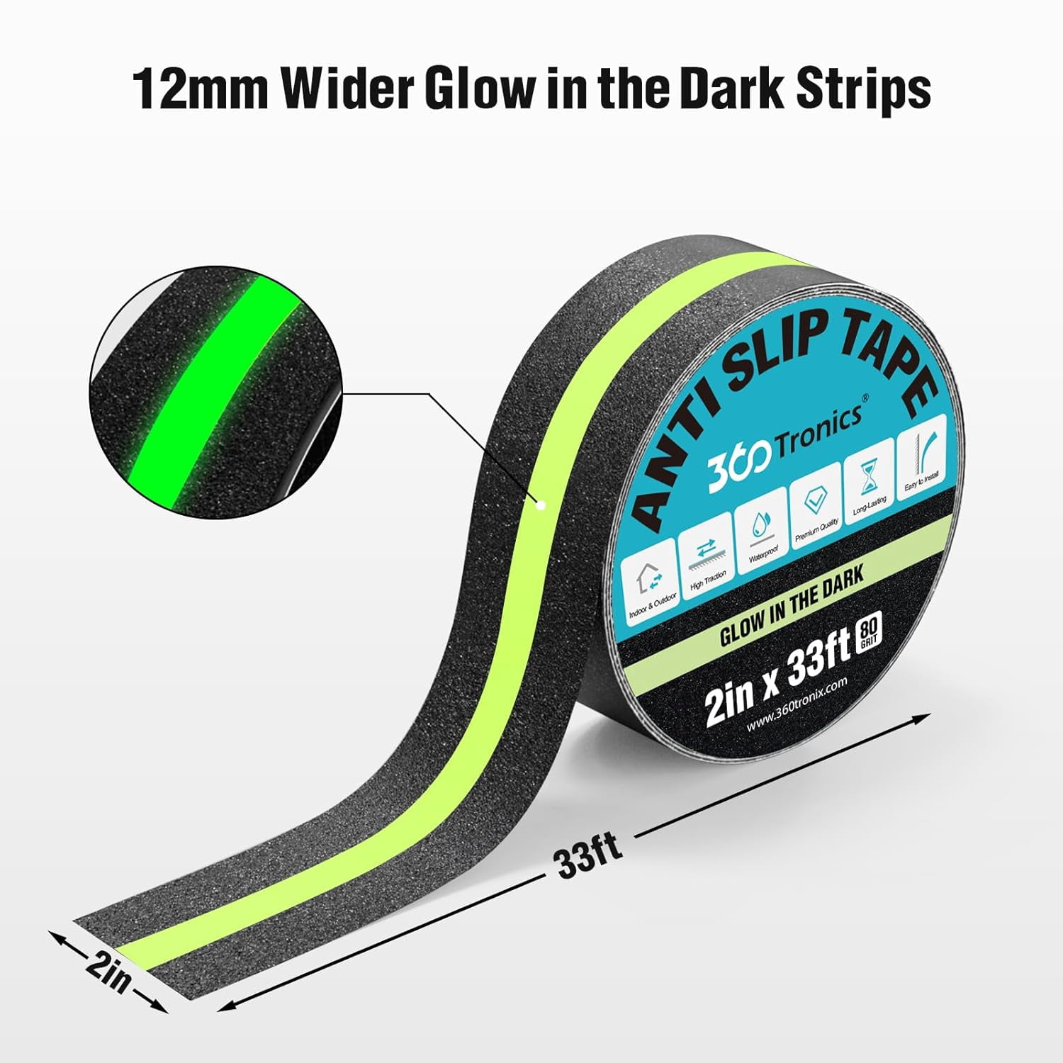 Anti Slip Tape with Glow in The Dark Strips 2 Inch x 33 Feet, Premium Step Grip Tape, Outdoor/Indoor Waterproof High Traction Floor Safety Non Skid Tape for Stairs Treads Steps