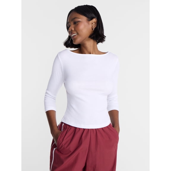 No Boundaries Cotton Tee with 3/4 Length Sleeves, Women’s XXS-XXL