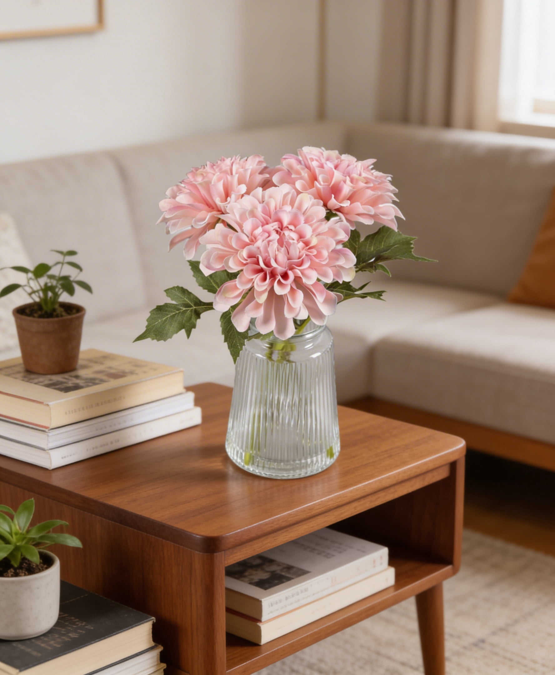 9.5" H Mainstays Faux Pink Dahlia Tabeltop Floral Arrangement in Glass Vase - 1 lb