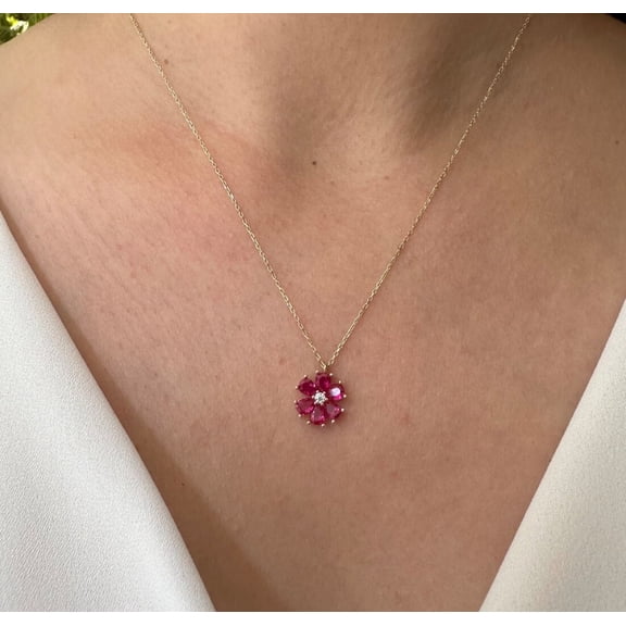 14K Yellow Gold Plated Silver 3Ct Pear Cut Lab Created Red Ruby Flower Pendant