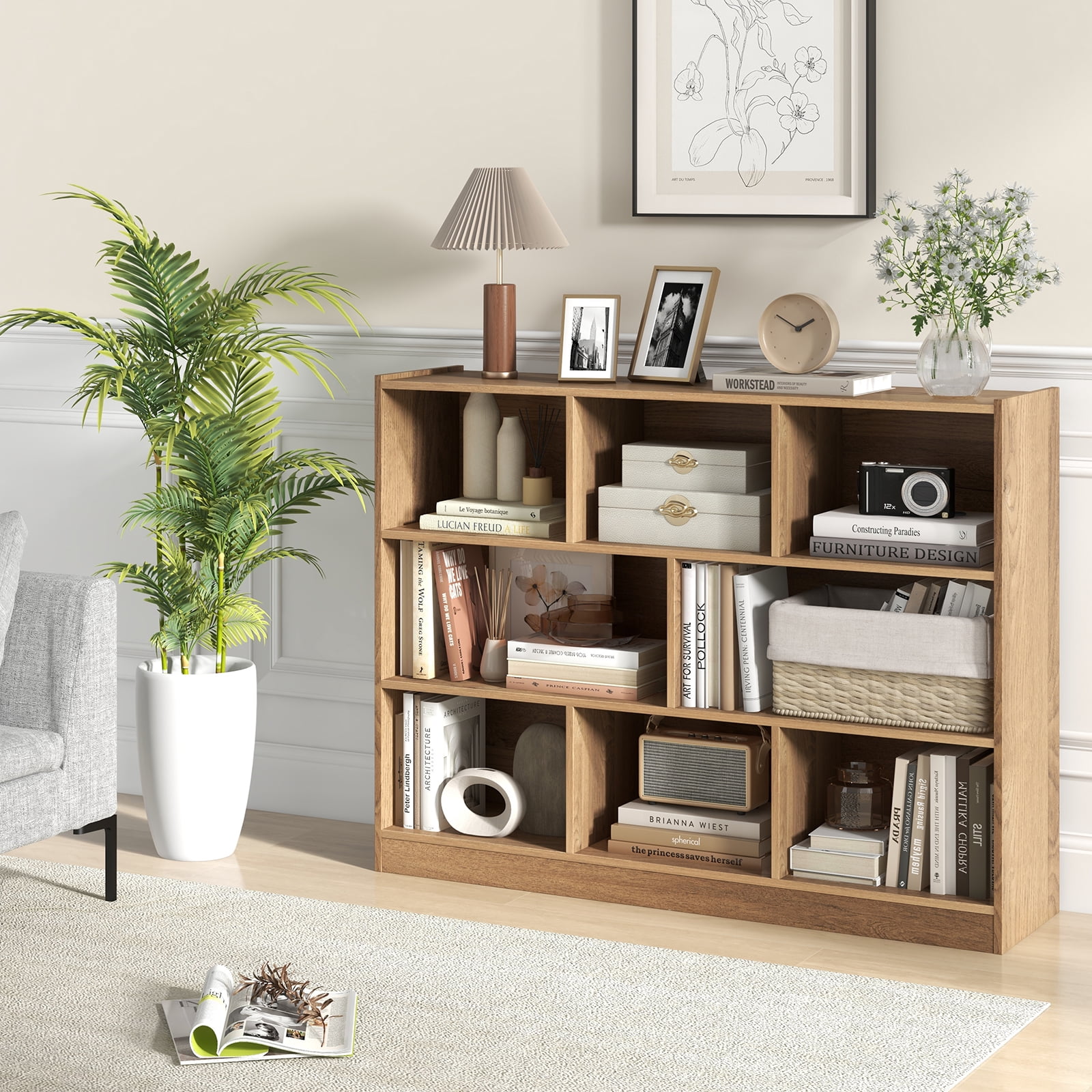 Topbuy Wood Storage Cube Bookcase 3 Tier 8 Cube Open Shelf Storage Cabinet with Anti-Toppling Devices Multipurpose Bookshelf Natural
