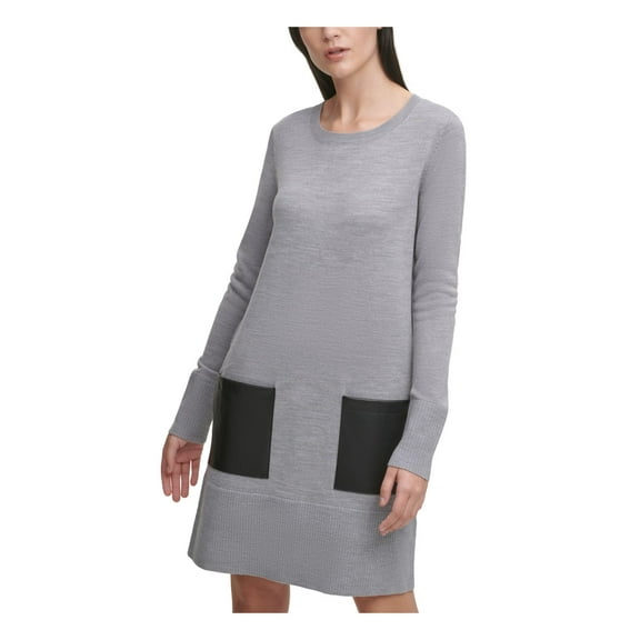 DKNY Womens Gray Pocketed Sweater Long Sleeve Crew Neck Above The Knee Shift Dress L