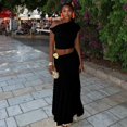 thumbnail image 2 of Women's Diagonal Collar Sleeveless Pleated Crop Tops & Long Skirt, Solid Color, 2pcs Set, 2 of 27