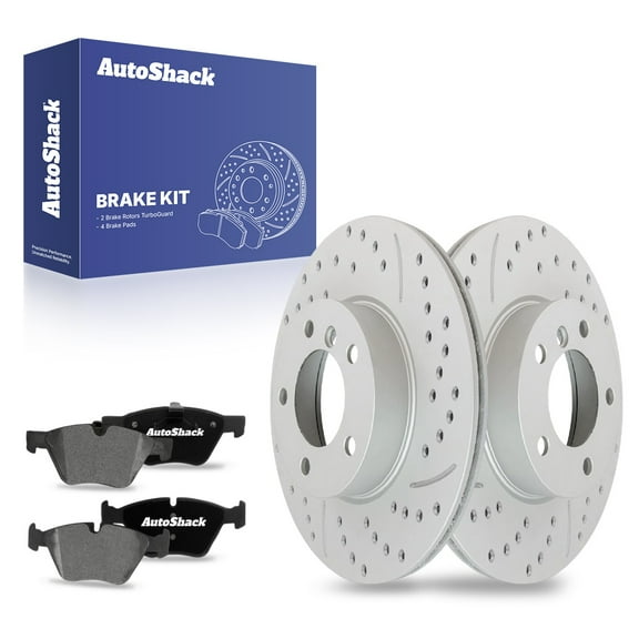 AutoShack Front Drilled & Slotted Brake Rotors Ceramic Brake Pads | Replacement for BMW 323i 2007-2010 328i 2008 328xi 2009-2010 328i xDrive AWD RWD | Silver Coated | 6-PC Brake Kit | TurboGuard
