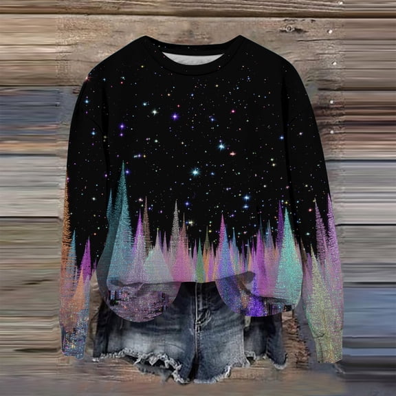 Women's Christmas Printed Crewneck Sweatshirt, Funny Long Sleeve Casual Pullover Top, Weekend Lounge Holiday Graphic Sportswear,Light Purple,XL