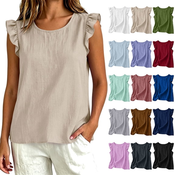 HomeDM Summer Tank Tops for Women Cotton Ruffled Sleeveless Crew Neck Casual Loose Fit T-Shirts Beige Size L