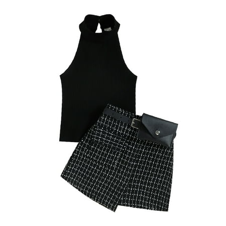 

ZHUASHUM Summer Toddler Girls Sleeveless Ribbed Vest Tops And Plaid Skirt Belt Waist Bag Outfits