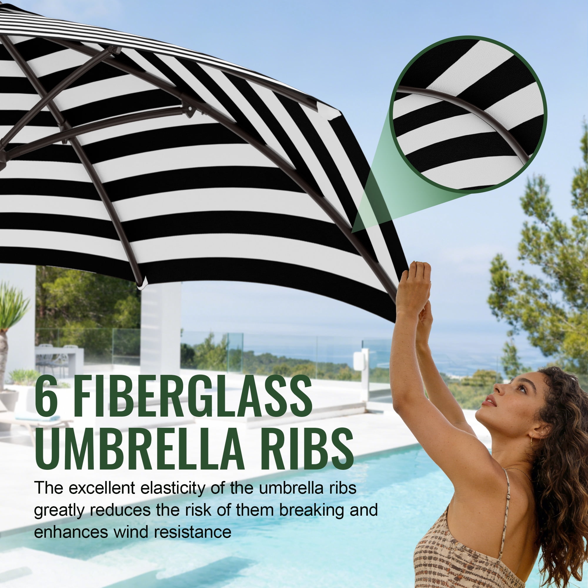 Easthome 7.5' Patio Umbrella Outdoor Table Market Umbrella with Smooth Crank handle, 6 Ribs, Backyard, Poolside, Garden - Black and white stripes