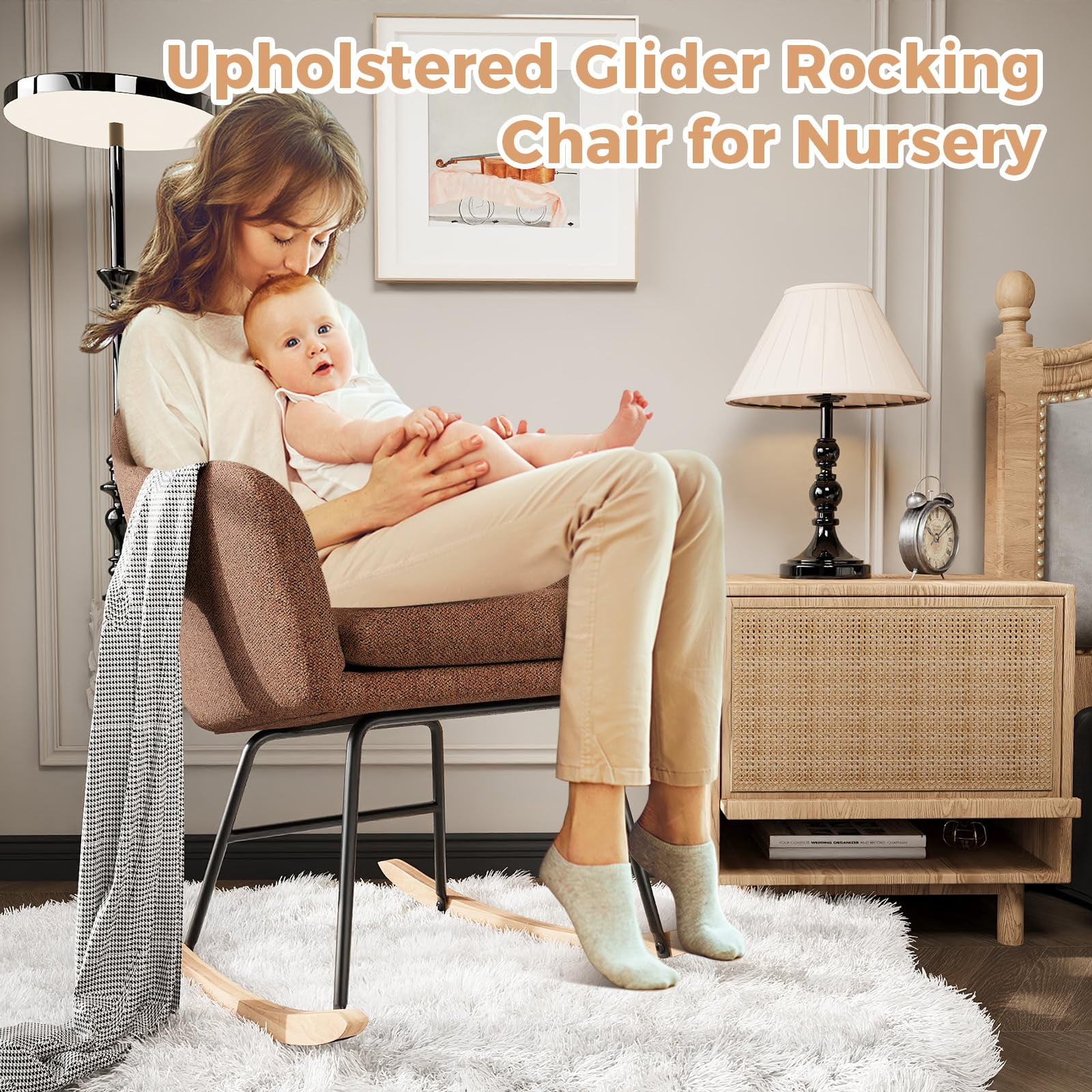 Rocking Chair Nursery, Teddy Baby Nursery Rocking Chairs, Office Chair with Chenille Upholstery,Glider Chair with Armrests and Upholstered Pad, Bedroom Rocker Chair for Baby & Kids