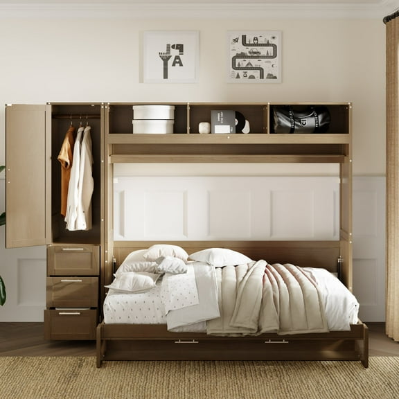 MODERNLUXE Full Size Murphy Bed with Shelves and Drawers, Convertible Wall Bed with Open Wardrobe, Antique Wood