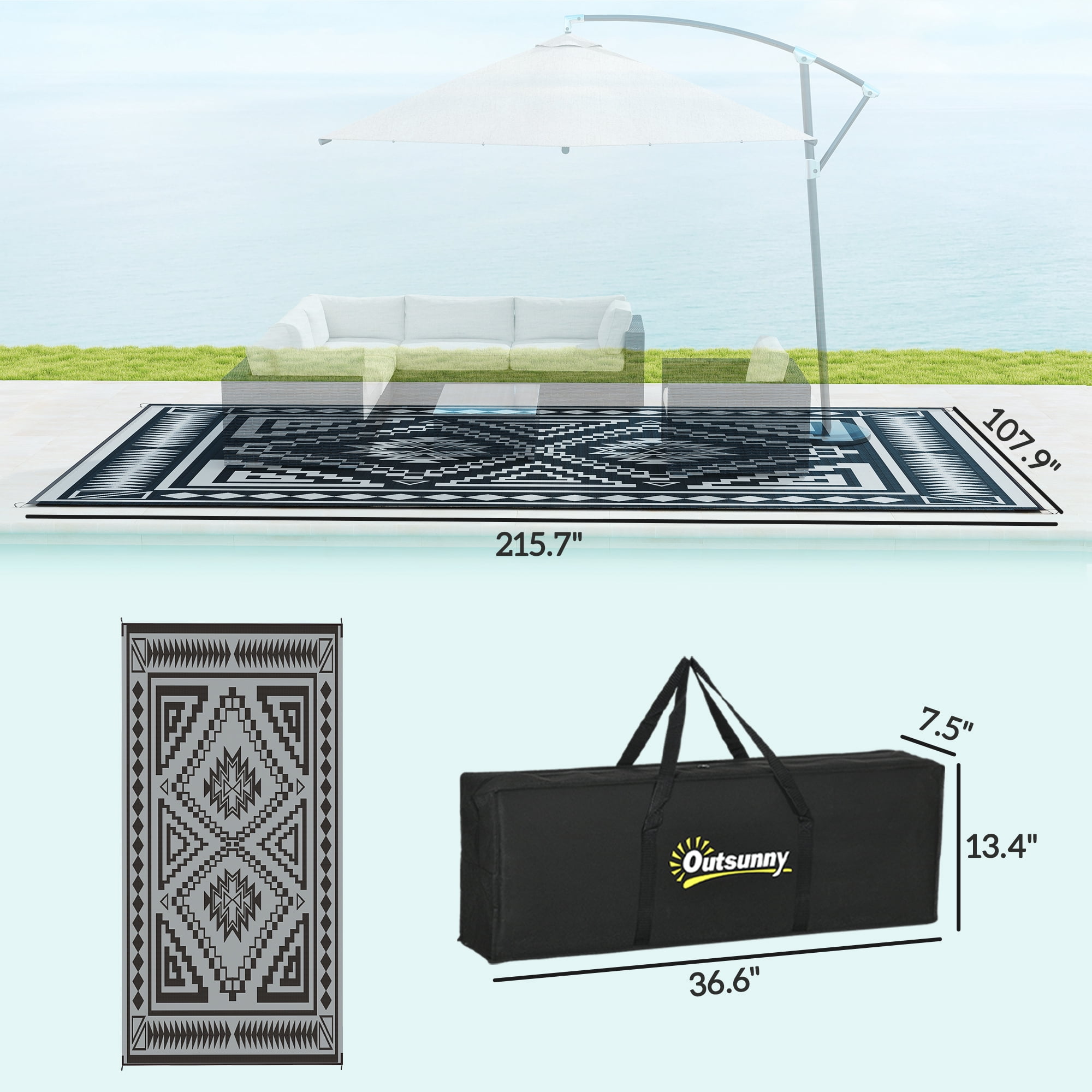 Outsunny Outdoor Patio Rug, Large Camping Carpet with Carrying Bag, 9' x 18' Waterproof Plastic Straw, Reversible, Black & Gray Square Patchwork