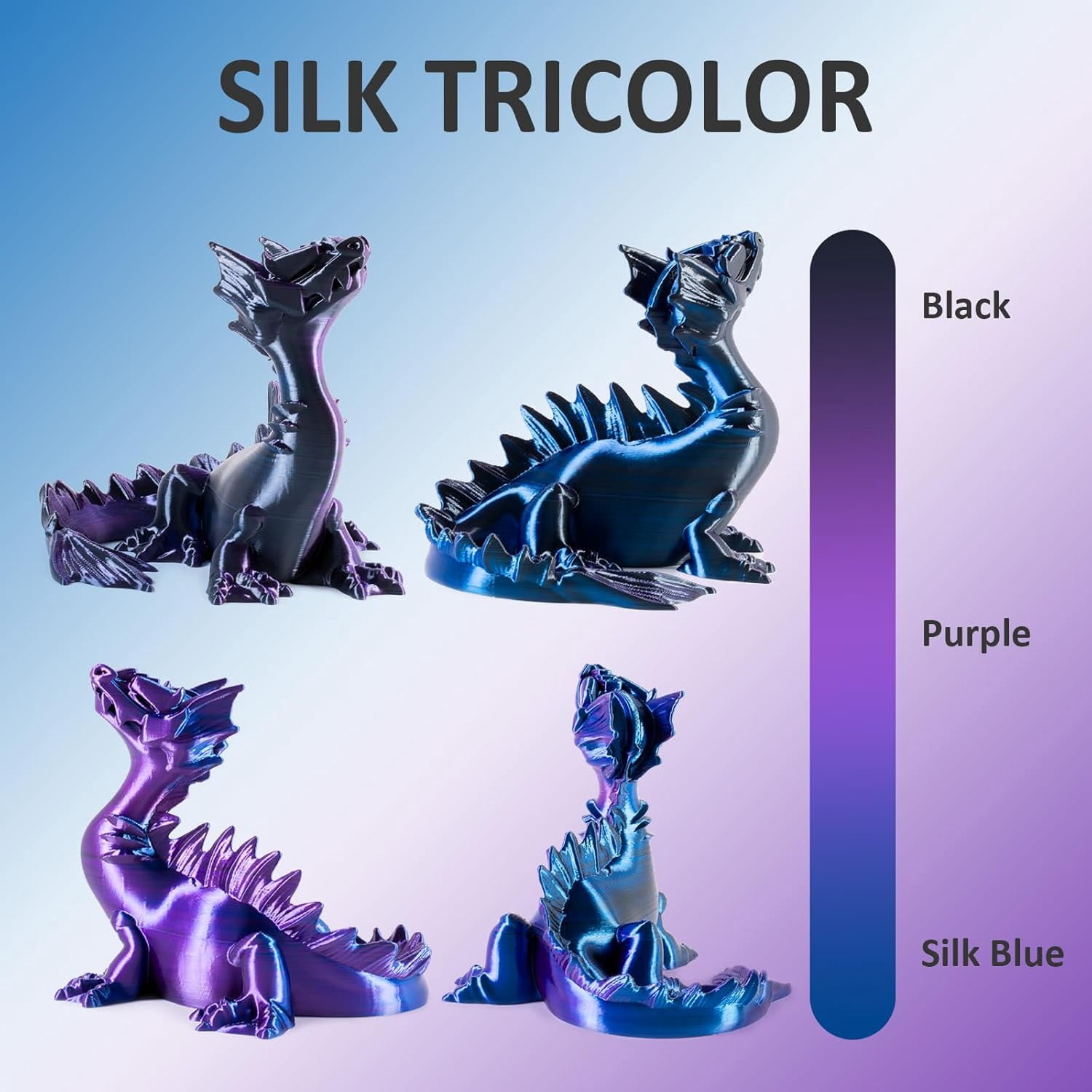 Silk PLA Tri Color Filament 1.75mm 3D Printer Filament, Coextrusion Blue Purple Black Tri-Colors Metal-Like Shiny Silk PLA Filament, 1kg (2.2lbs) 1 Spool, Dimensional Accuracy +/- 0.02 mm