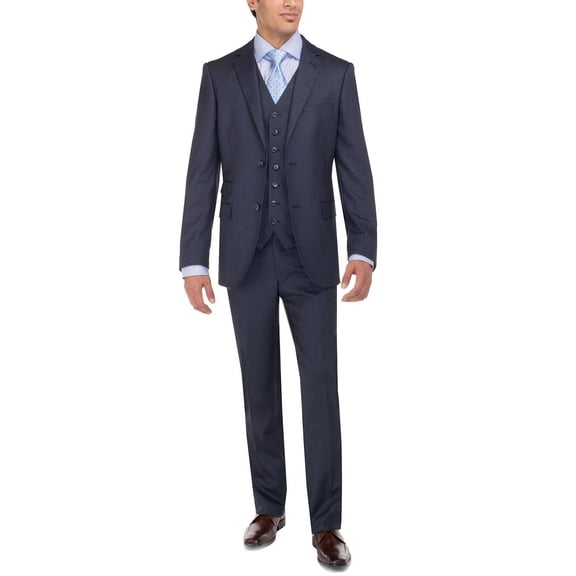 Mens Ticket Pocket Three Piece Navy Modern Fit Vested Suit