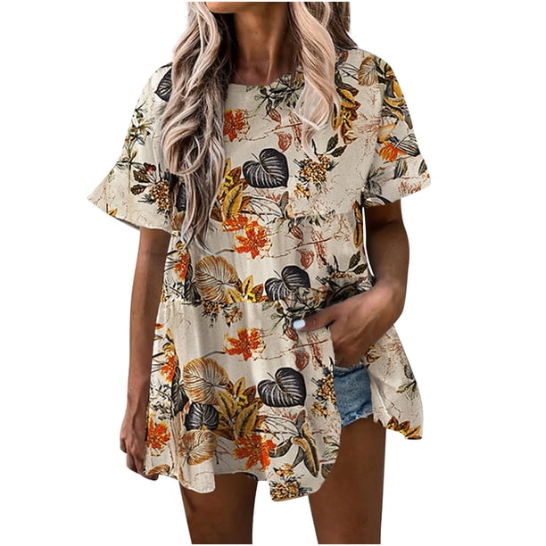 Blusa de manga corta de verano con cuello redondo para mujer a la moda, camisetas con estampado informal Fridja bn6955