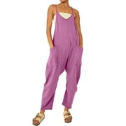 STARVNC Women Solid Color V Neck Sleeveless Pockets Jumpsuit
