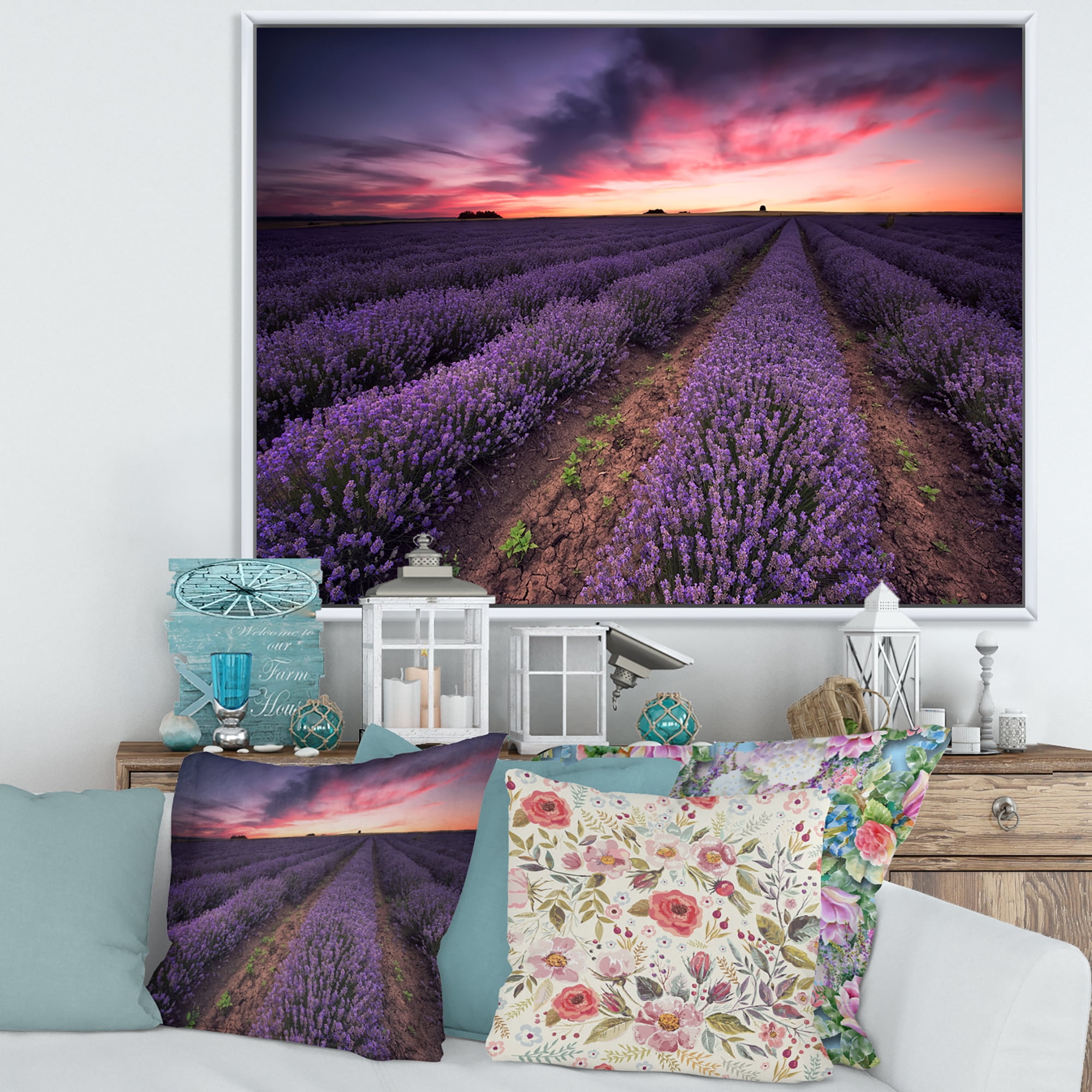 Designart 'Dramatic Clouds and Sunrise Over Lavender Field IX' Farmhouse Framed Canvas Wall Art Print