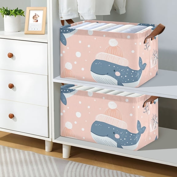 Winter Whales Foldable Storage Large Fabric Storage Baskets Organizer Storage Bins with Handles for Shelves