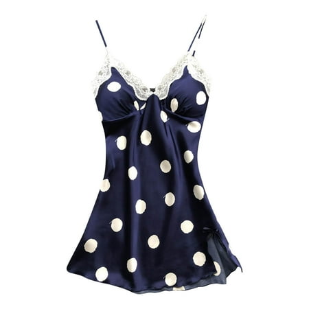 

Women Casual Sexy Home Suspender Nightgown Lace Decoration Polka Dot Print Nightgown