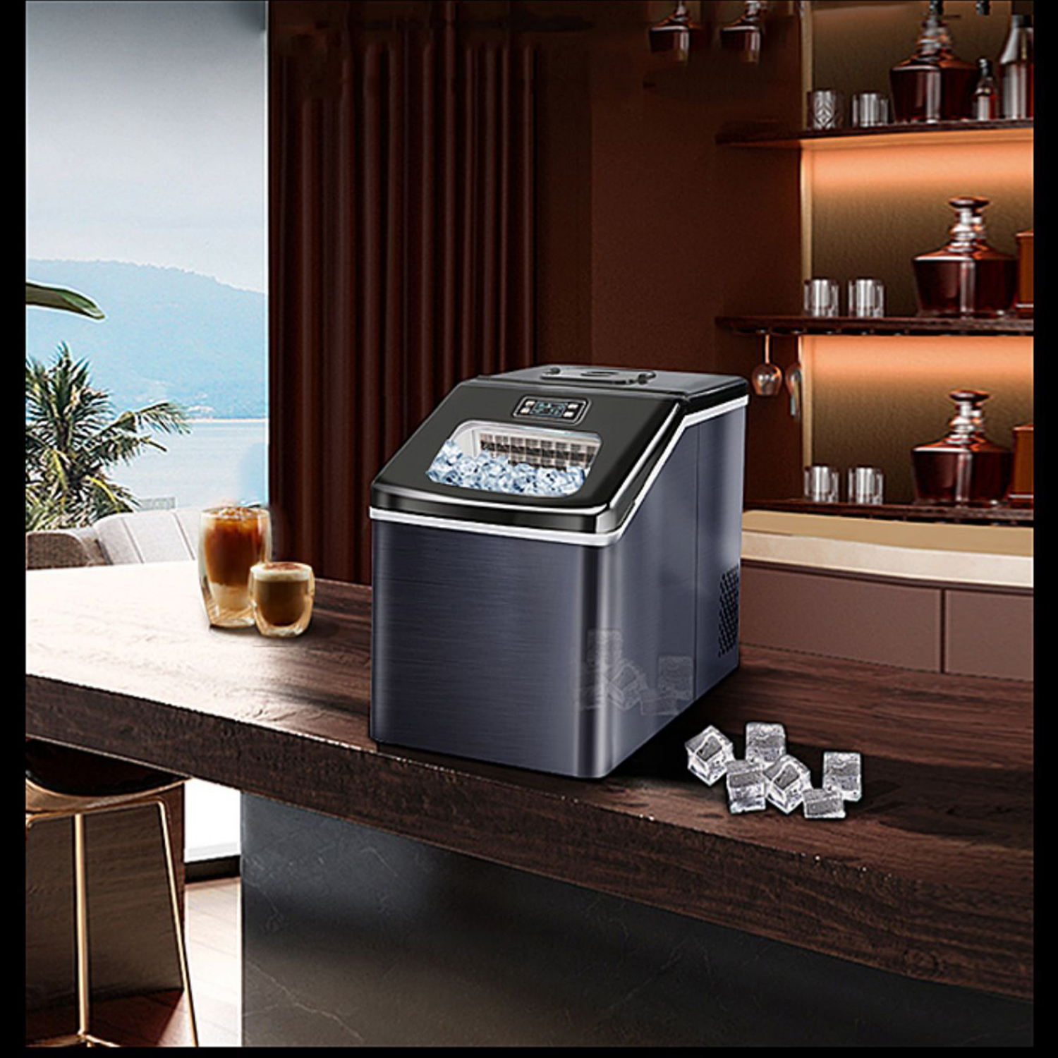 FOOING Ice Maker 40 lb Freestanding Countertop Ice Machine Squares Ice