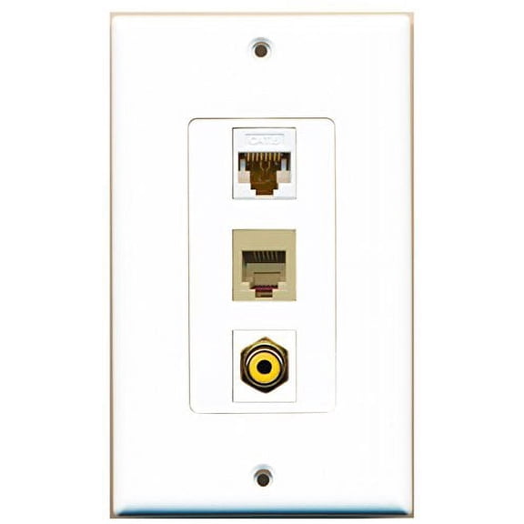 RiteAV - 1 Port RCA Yellow and 1 Port Phone RJ11 RJ12 Beige and 1 Port Cat6 Ethernet White Decorative Wall Plate Decorative