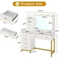 thumbnail image 5 of Makeup Vanity Desk with Mirror and Lights and Charging Station, Vanity Dressing Table with 5 Drawers and Storage Shelves, White, 5 of 8