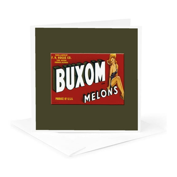 3dRose, Buxom Brand melons Produce of USA with Pretty Country Pin Up Girl, 1 Greeting Card with envelope