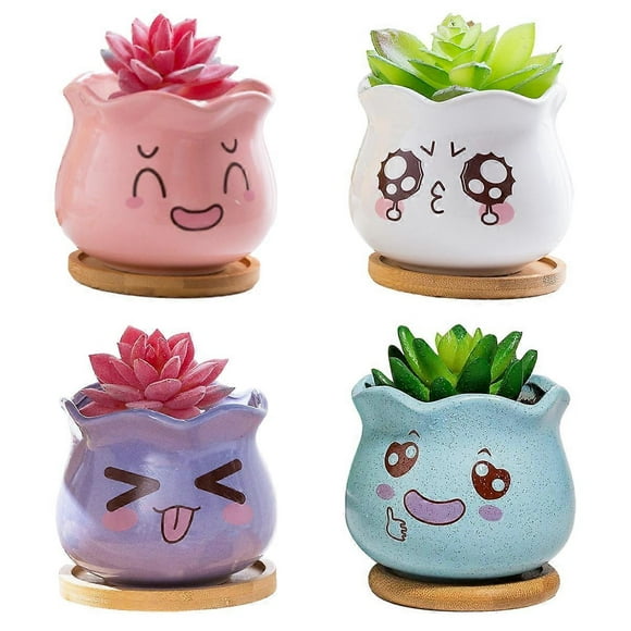 Gift for Plant Lovers, Unique Home Decor Succulent Planter with Drainage and Bamboo Tray, Handmade Product for Indoor Cartoon Animal Cat Shaped Plant