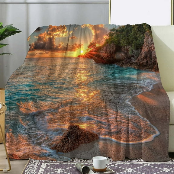 1pc Vintage Beach Sunset Scenery Print Flannel Blanket - Soft Cozy Warm Polyester Knitted Throw for Sofa, Bed, Office, Camping, Travel - All Seasons Digital Printed Gift Blanket, 250-300gsm