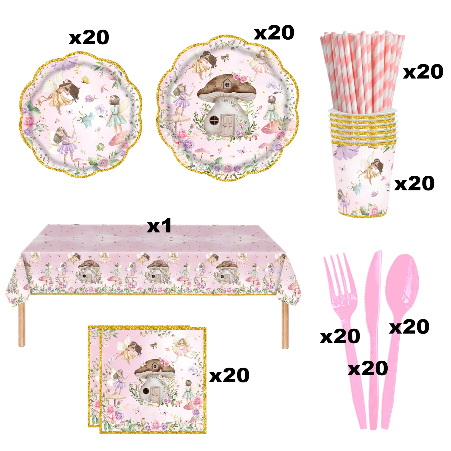161 Pcs Fairy Themed Party Supplies for Girls 1st 2rd First Birthday Fairies Enchanted Themed Baby Shower Party Decorations Garden Flower Tableware Set Paper Plates Napkins Forks for 20 Guests