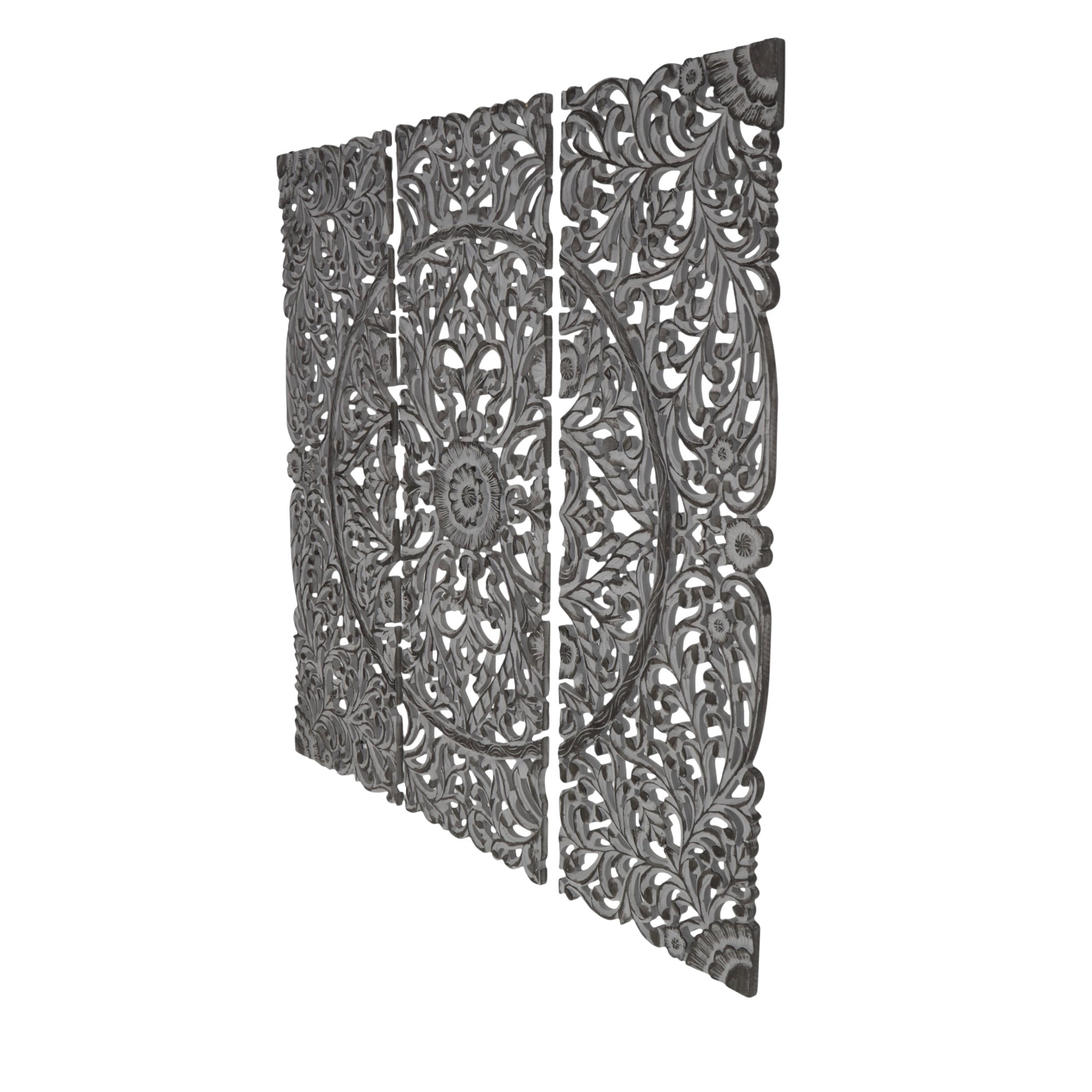 DecMode Traditional Wood Handmade Gray Carved Floral with Mandala Design Wall Décor, Set of 3 24"W x 72"H