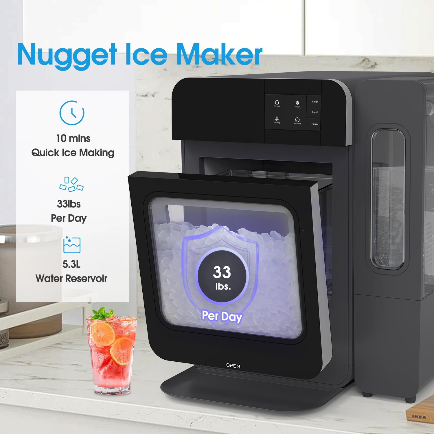 VECYS Nugget Ice Maker W/ Side Water Tank, 33LBS/Day Self-Cleaning, Black