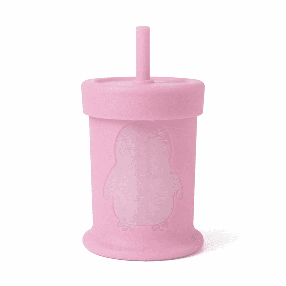 Silipint Penguin Training Cup for Babies with Straw Lid – Soft Food-Grade Silicone, 5oz, Spill-Resistant, for 6 Months Toddlers, Transparent Pink