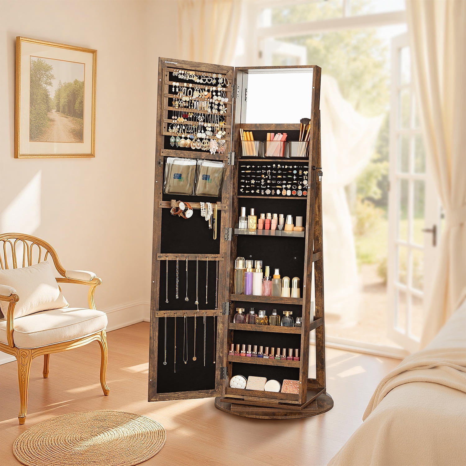 LEDREM 360° Rotable Jewelry Cabinet, Full Length Mirror & Lock, 120 Earring Slots, 12 Necklace Hooks, Storage Shelfs On Back