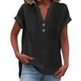 thumbnail image 4 of Pxiakgy Summer Tops for Women 2025 Trendy Short Sleeve Cotton Linen Shirt Casual Button V Neck Tunic Blouses Outfits Henley Tops V Neck Button Short Sleeved Slit Top T Shirt Black 4Xl, 4 of 8