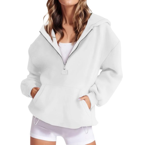 Resicozy Hoodies for Women Half Zipper Pullover Sweatshirt Long Sleeve Hoodies with Pocket Basic Sweater White L